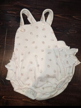 Little Threads White & Pink Strawberry Ruffle Romper Bubble | Infant Girl Size
